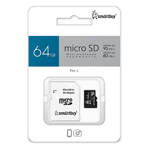 Micro SDXC Smartbuy 64GB Pro Class 10/U3; R/W:95/60 MB/s (c адаптером SD) фото